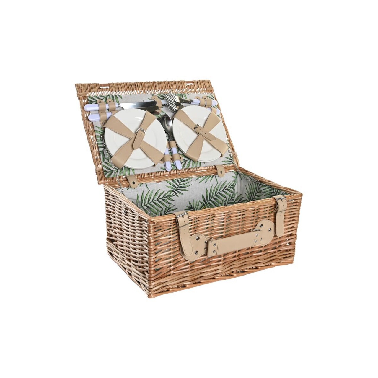 Cos de picnic pentru 4 persoane, DKD Home Decor, 44 x 30 x 22 cm, rachita, natural/verde - imagine 5